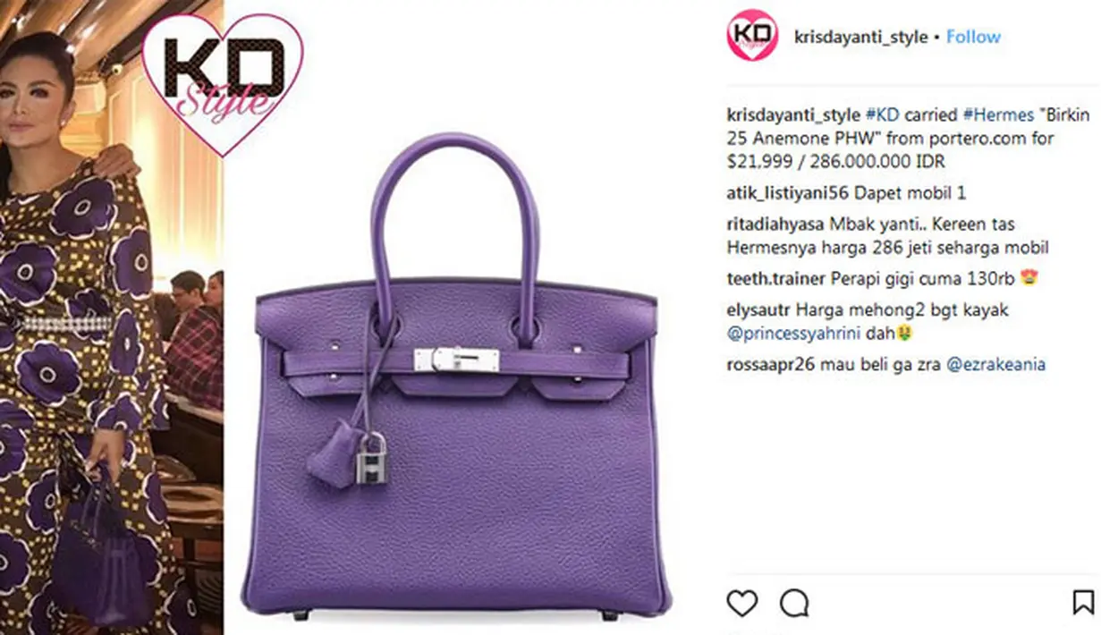 Tas berwarna ungu keluaran Hermes ini sangat cantik dijinjing Krisdayanti yang juga memakai baju berwarna senada. Namun di sisi lain, harga tas ini mencapai ratusan juta rupiah, tepatnya Rp 286.000.000. (Instagram/krisdayanti_style)
