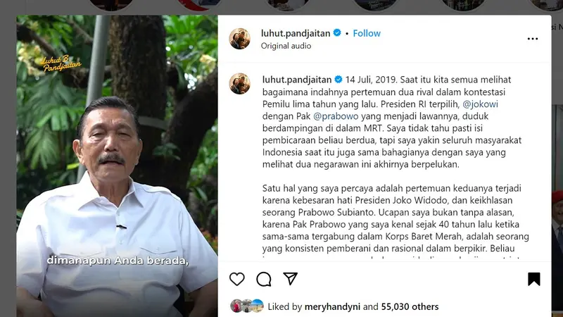 Menko Marves Luhut Binsar Pandjaitan akhirnya mendeklrasikan dukungannya untuk pasangan calon presiden (capres) dan calon wakil presiden (cawapres) nomor urut 2 Prabowo Subianto-Gibran Rakabuming Raka.