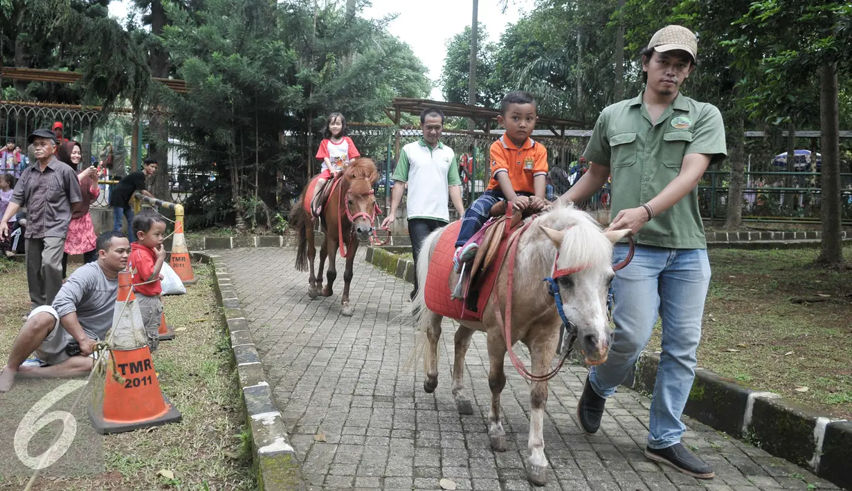 Sejumlah anak menaiki kuda saat liburan ke Kebun Binatang Ragunan, Jakarta Selatan, Senin (12/12). Libur Maulid Nabi Muhammad SAW, Kebun Binatang Ragunan diserbu warga yang ingin menikmati waktu libur bersama keluarga. (Liputan6.com/Yoppy Renato)