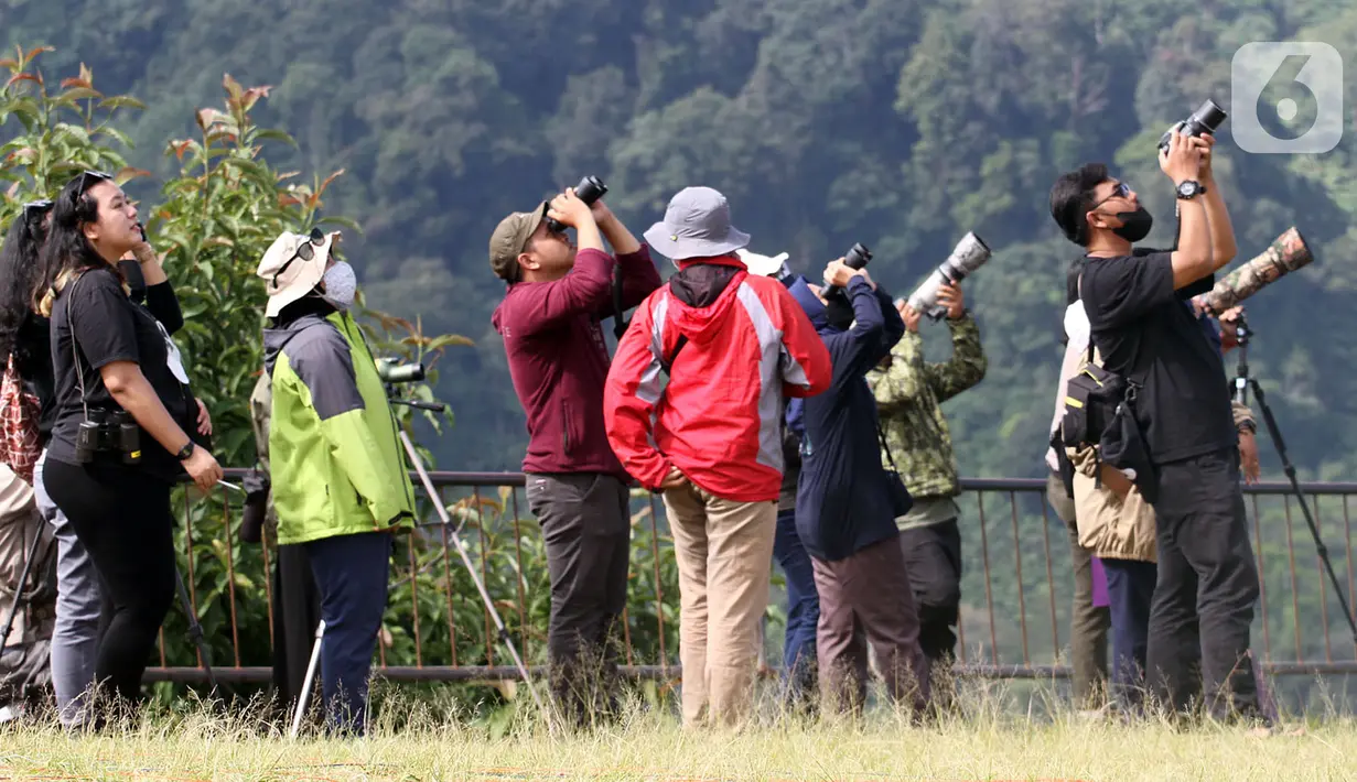 Komunitas mengamati burung pemangsa (raptor) yang bermigrasi melintasi kawasan Puncak Bogor, Jawa Barat, Sabtu (30/10/2021). Peringatan Hari Burung Migrasi Sedunia diharapkan dapat menyuarakan aspirasi untuk kelestarian burung migrasi dan habitat tempat mereka tinggal. (Liputan6.com/Fery Pradolo)