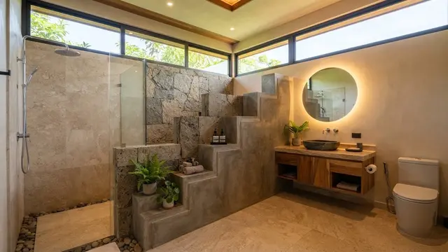 Desain Kamar Mandi dengan Jendela Atas dan Dinding Privasi Bertingkat