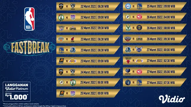 Jadwal dan Live Streaming NBA 2022/2023 Week 22 di Vidio, 22-27 Maret 2023