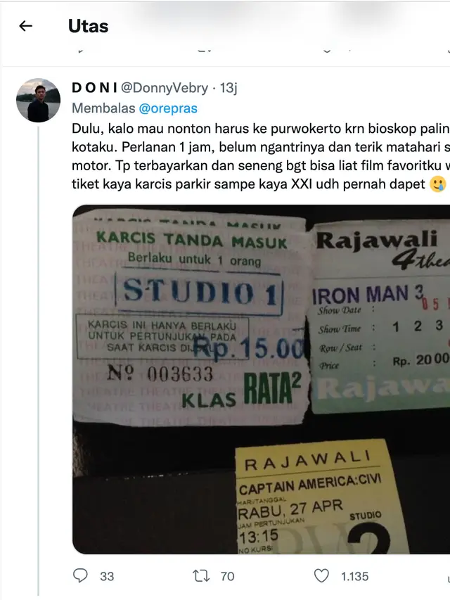 Tiket bioskop Rajawali Purwokerto. (Foto: Dok. Twitter @DonnyVebry)