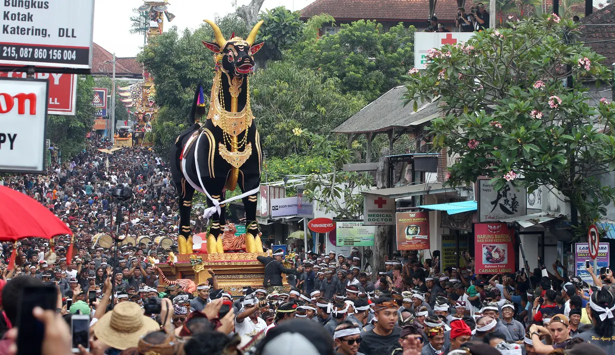 Ribuan orang berkerumun mengikuti prosesi ngaben Anak Agung Niang Agung di Bali, Indonesia, Jumat (2/3). Ngaben ini disebut melibatkan sekitar 4.500 warga dari 12 desa adat di kawasan Ubud dan disaksikan ribuan wisatawan. (AP Photo/Firdia Lisnawati)
