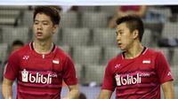 Kevin Sanjaya Sukamuljo/Marcus Fernaldi Gideon gagal meraih gelar Korea Terbuka Super Series 2017 setelah takluk 19-21 21-19 15-21 dari ganda Denmark, Mathias Boe/Carsten Mogensen, Minggu (17/9/2017). (Humas PBSI)