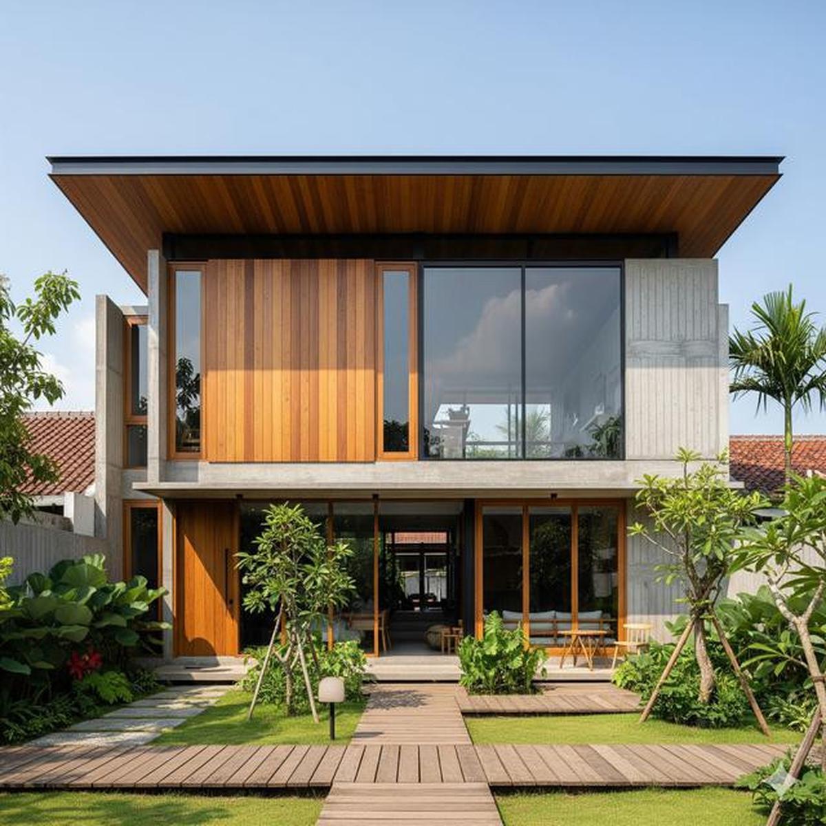 Rumah Rustic Kontemporer Kayu dan Beton
