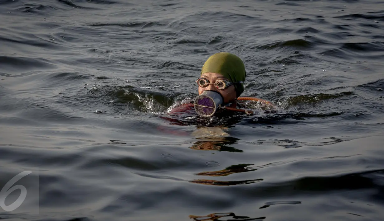 Supardi berenang untuk mencari kerang hijau di dekat kapal Tongkang di kawasan pesisir Cilincing, Jakarta, Jumat (17/6). (Liputan6.com/Faizal Fanani)