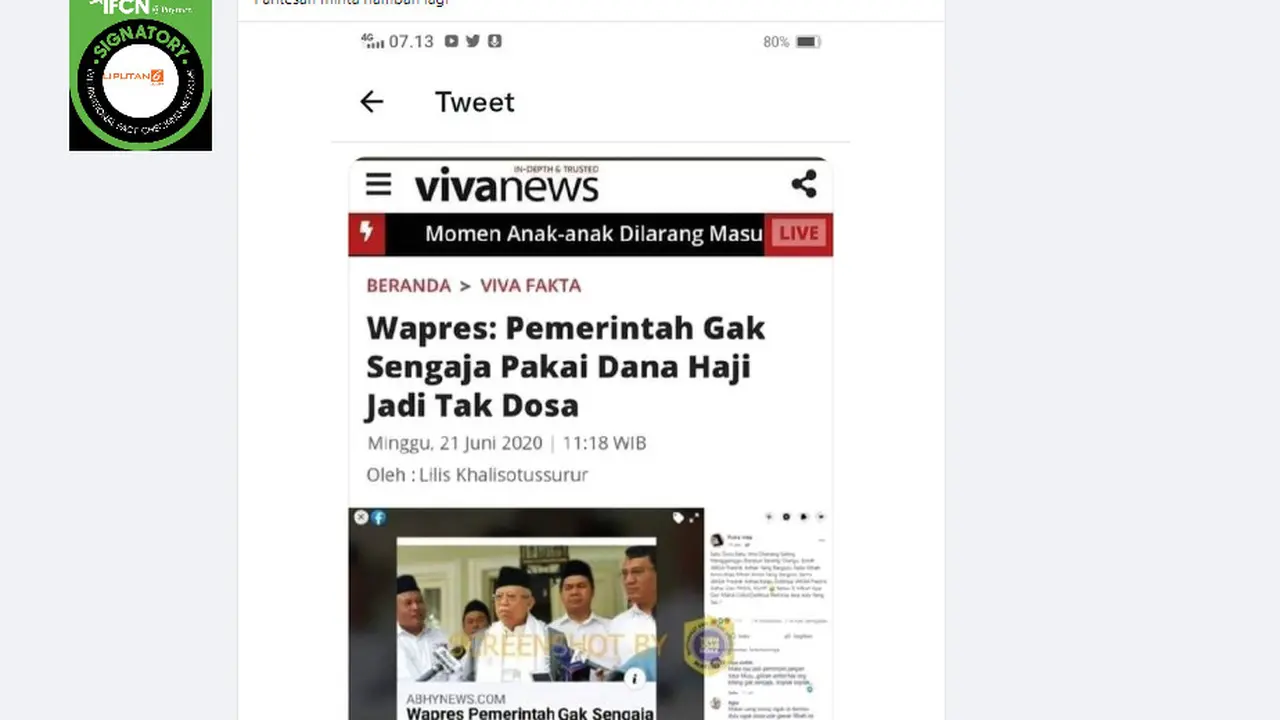 Tangkapan layar klaim pernyataan Wapres Ma'ruf Amin pemerintah tak sengaja pakai dana haji jadi tidak berdosa