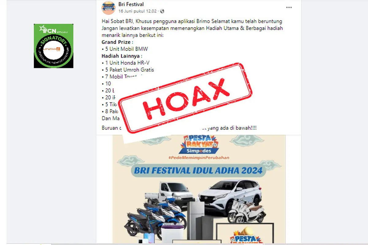 Tangkapan layar hoaks pembagian hadiah dari BRI