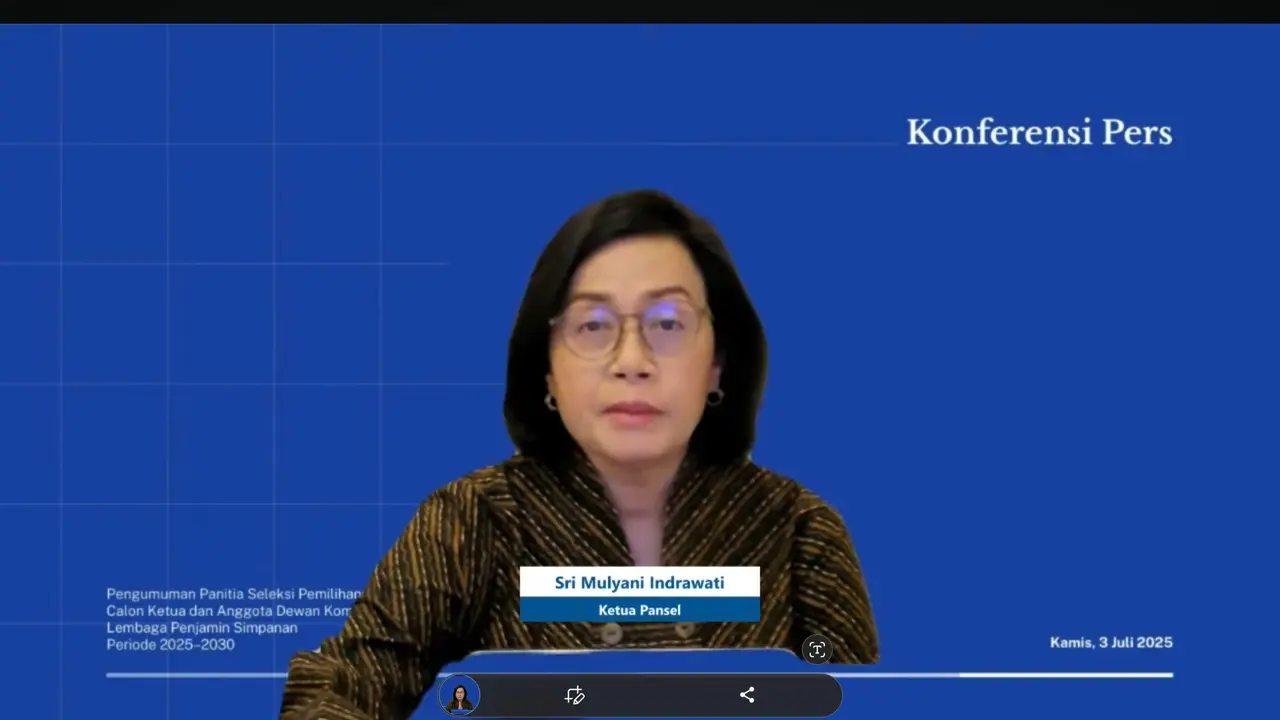 Menkeu Sri Mulyani saat konferensi pers pengumuman seleksi DK LPS, Kamis (3/7/2025). (Foto: tangkapan layar/Tira Santia)