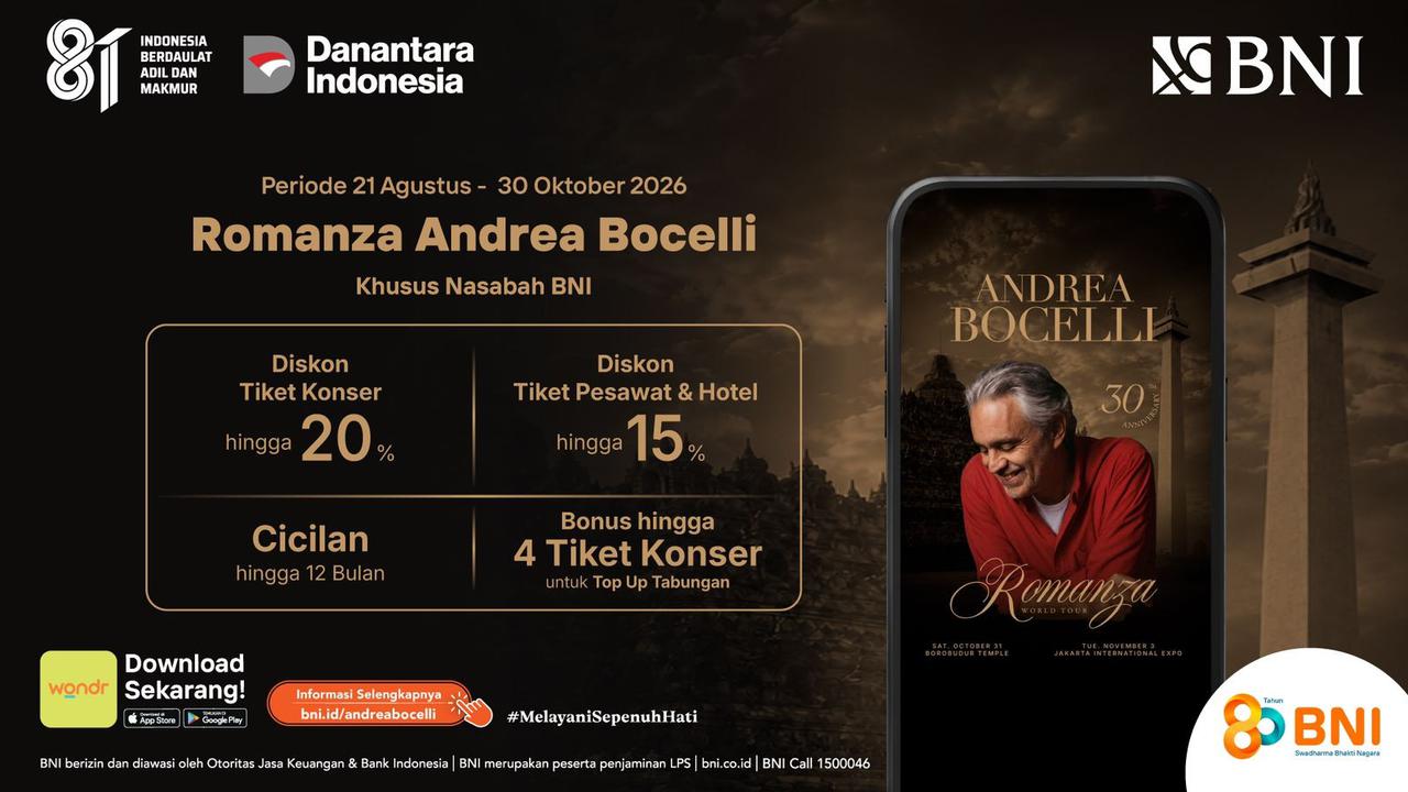 Andrea Bocelli Konser di Borobudur dan Jakarta, BNI Tawarkan Diskon Tiket hingga 20 Persen