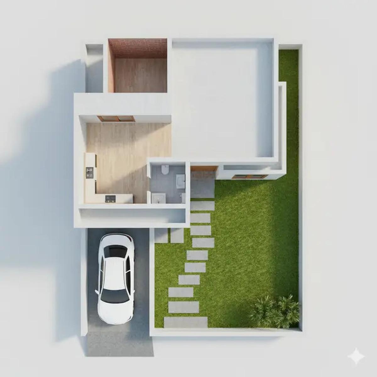 10 Denah Rumah Tipe 36 dengan Carport dan Taman Depan, Minimalis Modern