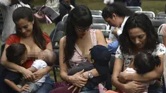 Sejumlah ibu-ibu menyusui anak mereka selama festival menyusui "Big latch On" yang diadakan di Bonatic Garden of the Chapultepec Park di Mexico City, Meksiko (5/8). Festival menyusui ini dipromosikan oleh UNICEF. (AFP Photo/Yuri Cotez)