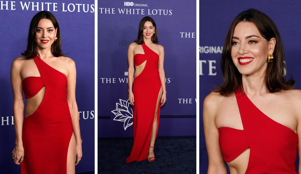 Seksinya Aubrey Plaza Pakai Gaun Merah di Pemutaran Film The White Lotus