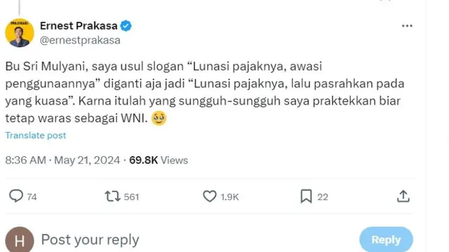 Sindir Kenaikan UKT, Ernest Prakasa Singgung Uang Kuliahnya Dulu dan Kasus Korupsi SYL.  foto: Twitter @ernestprakasa