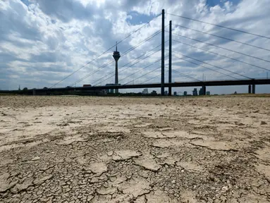 Tanah kering di dasar sungai Rhine yang mengering sebagian terlihat di Duesseldorf, Jerman barat (25/7/2022). Keringnya sungah Rhine akibat Eropa mengalami gelombang panas. (AFP/Photo/Ina Fassbender)