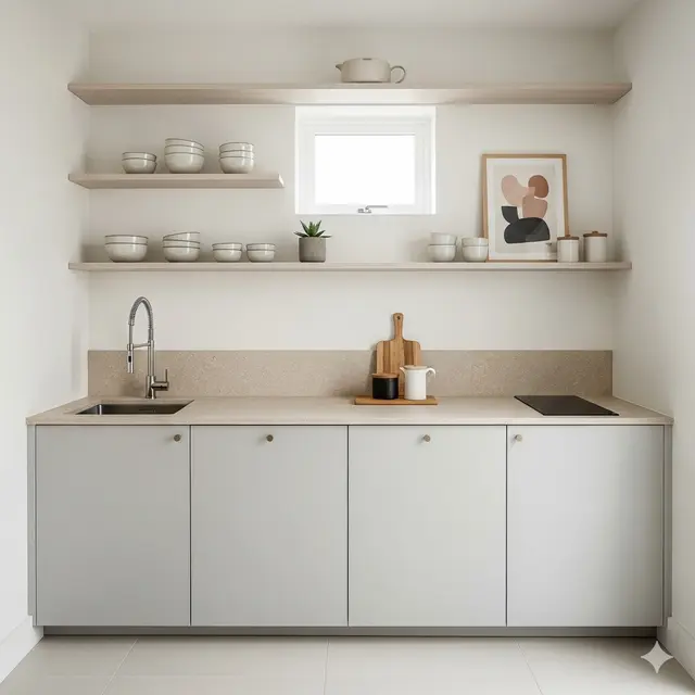 Desain Dapur Kecil Minimalis dengan Rak Terbuka (Image by Gemini AI)