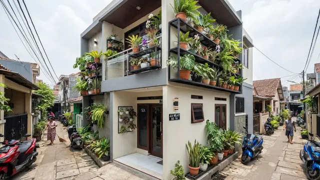 Desain rumah 2 lantai di gang sempit tanpa halaman depan yang bisa jadi resolusi hunian minimalis elegan di 2027 model dengan taman vertikal