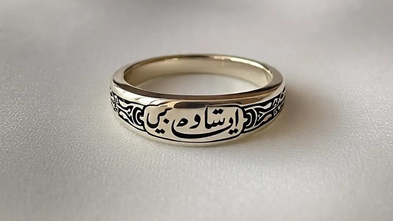 Ilustrasi cincin emas Islami bertuliskan kata-kata cinta dalam bahsa Arab (Created by Meta AI)