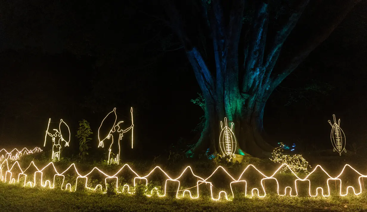 Lampu-lampu berbentuk perisai Zulu terlihat di "Trail of Lights" Kebun Raya Durban menjelang Natal di Durban (14/12/2021). Untuk memenuhi protokol keselamatan, tiga kali masuk pada pukul 18:00, 19:00, dan 20:00 telah ditambahkan untuk memungkinkan jarak sosial. (AFP/Rajesh Jayantilal)
