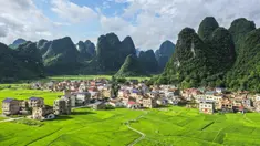 Foto dari udara menunjukkan pemandangan ladang di Desa Chonglou, Wilayah Otonom Etnis Maonan Huanjiang, Daerah Otonom Etnis Zhuang, Guangxi, China, 25 Mei 2020. Ada puluhan suku minoritas yang diakui oleh China bermukim di daerah ini. (Xinhua/Cao Yiming)