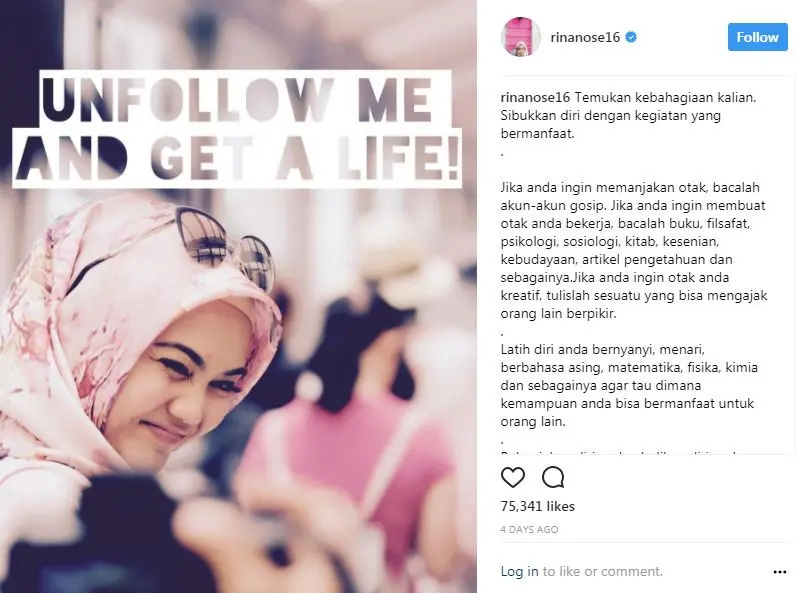 Rina Nose berpesan kepada haters untuk menyibukkan diri dengan kegiatan yang bermanfaat (Instagram/@rinanose16)