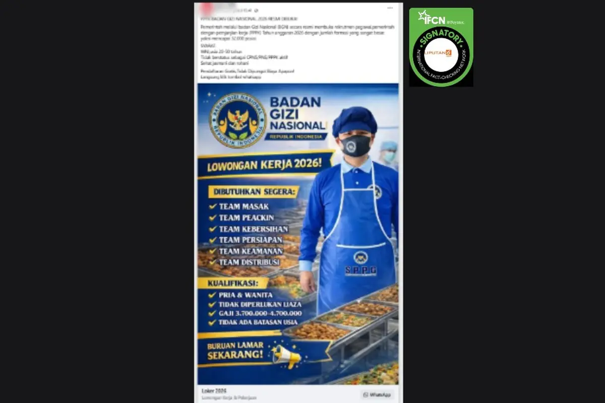 Cek Fakta Liputan6 mendapati klaim link pendaftaran rekrutmen PPPK BGN 2026 lewat WhatsApp yang beredar di Facebook (Foto: tangkapan layar).