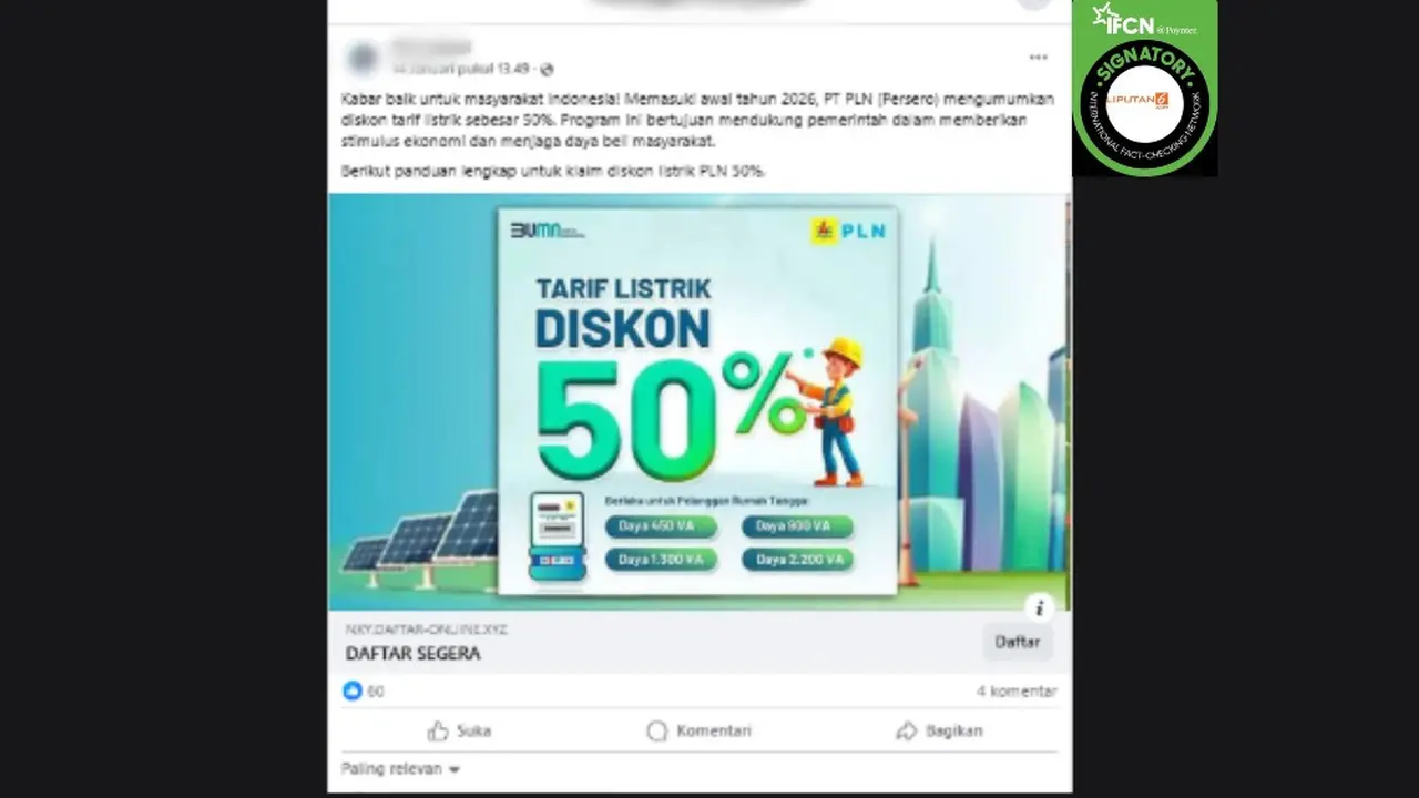 Tangkapan layar klaim link pendaftaran untuk mendapatkan diskon tarif listrik 50 persen dari PLN yang beredar di Facebook.