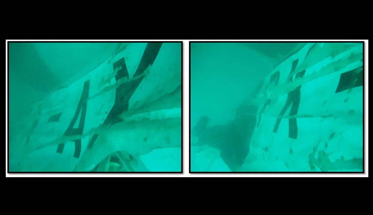 Penampakan sejumlah huruf yang melekat pada ekor pesawat AirAsia QZ8501 yang ditemukan Tim SAR di Perairan Selat Karimata, Rabu (7/1/2015).(Dokumentasi TNI)