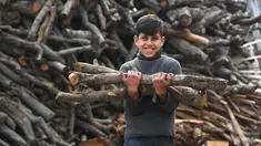 Seorang anak laki-laki menggotong kayu bakar di sebuah bengkel kerja di Damaskus, ibu kota Suriah, pada 23 November 2020. Warga Suriah mengumpulkan kayu bakar untuk menghadapi cuaca dingin. (Xinhua/Ammar Safarjalani)