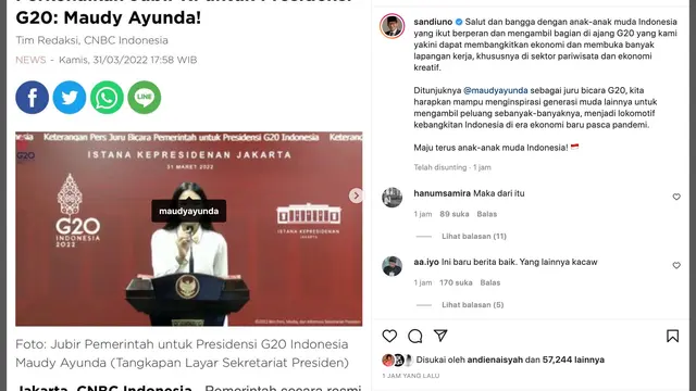 Unggahan Sandiaga Uno soal Maudy Ayunda. (Foto: Dok. Instagram terverifikasi @sandiuno)