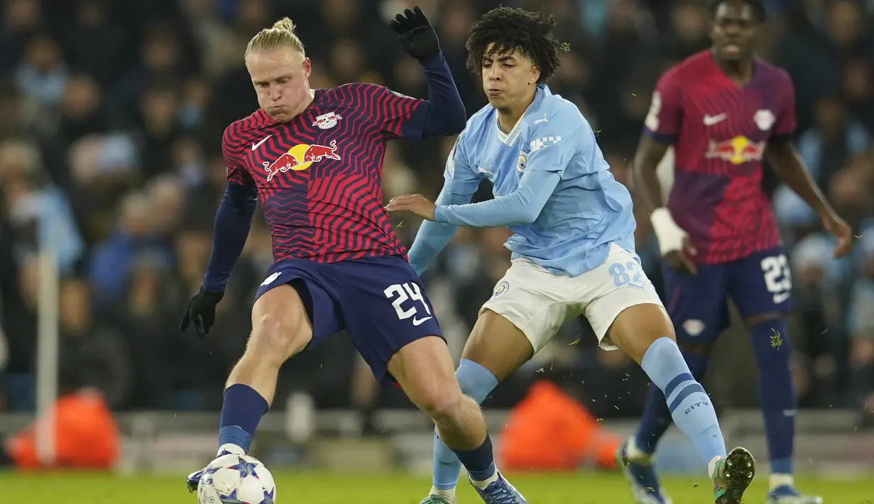 Man City sukses mengatasi perlawanan RB Leipzig dengan skor 3-2. (AP Photo/Dave Thompson)