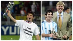 Foto kolase pemain Timnas Argentina, Lione Messi saat memegang trofi Piala Dunia U-20 dan Golden Boot setelah timnya behasil memenangi ajang tersebut yang berlangsung di Utrecht, Belanda, 2 Juli 2005. Messi tercatat berhasil mengemas 5 gol. Selain itu, ia juga sukses menyabet gelar Golden Ball berkat penampilan apiknya. (AFP/John Thys)