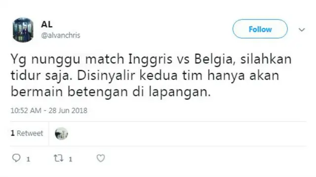 Di dunia maya, warganet menanggapi pertandingan Inggris lawan Belgia tersebut melalui cuitan-cuitan kocak.