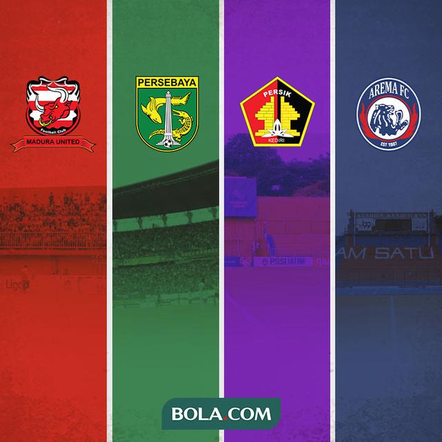 Ilustrasi - Klub Jawa Timur: Madura United, Persebaya, Persik, Arema FC