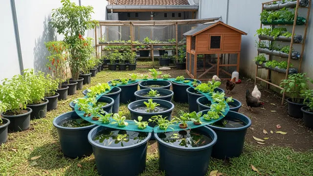 Konsep Pertanian Terpadu Mini dengan Ayam, Ikan, dan Sayuran di Satu Lahan/Gemini AI