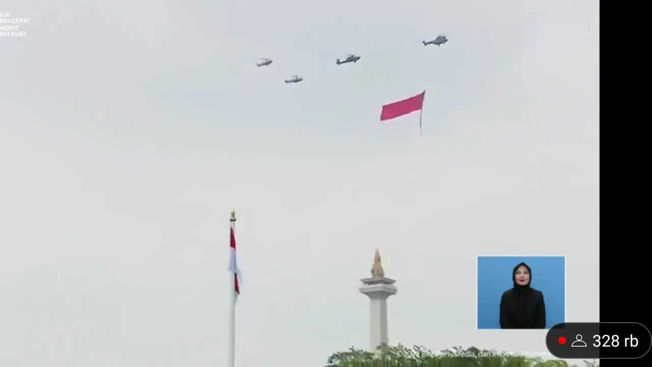 pesawat tempur berjenis F-16 itu terbang dengan membentuk formasi angka 77.