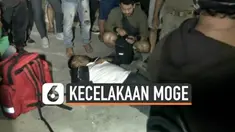Diduga melaju dengan kecepatan tinggi sebuah moge menabrak taksi. Akibat kecelakaan ini pengendara moge terlempar sementara taksi menabrak separator. Sementara pegendara motor mengalami luka-luka hingga dibawa ke RS.