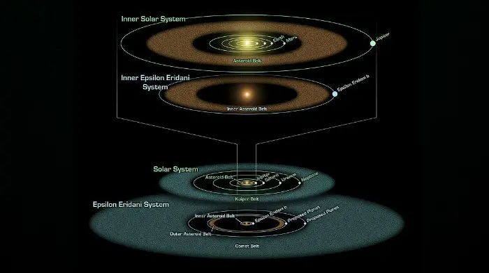 Ilustrasi perbedaan sistem Epsilon Eridani dengan Tata Surya kita. (NASA)