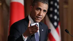Presiden AS, Barack Obama memberikan sejumlah keterangan saat konferensi pers di Akasaka guesthouse, Tokyo, Kamis (24/4/14). (AFP PHOTO/Junko Kimura-Matsumoto)