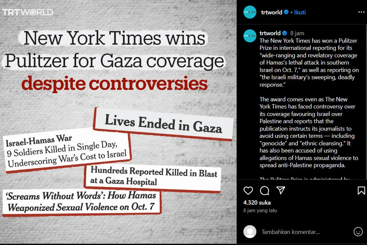 New York Times Terima Penghargaan Pulitzer untuk Tulisan Bernada Propaganda Anti-Palestina