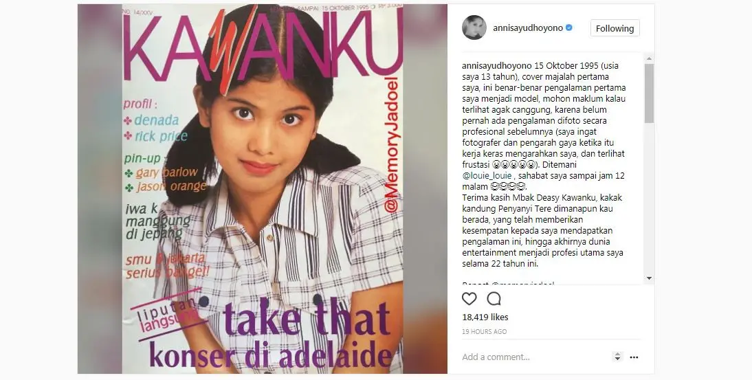 Annisa Pohan saat menjadi model Kawanku tahun 1995 silam.