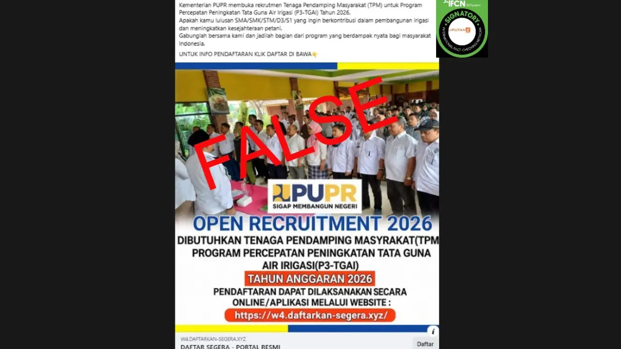 Cek Fakta Liputan6.com mendapati klaim link pendaftaran Tenaga Pendamping Masyarakat (TPM) P3-TGAI tahun 2026 yang digelar Kementerian PUPR.