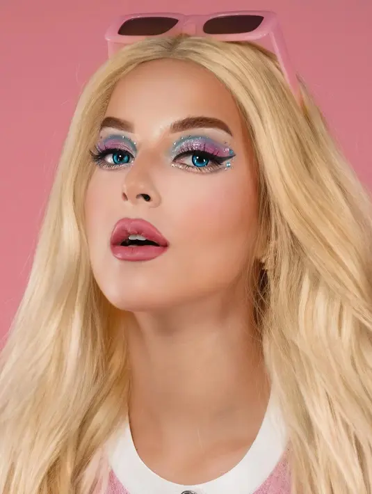 Wajahnya dibuat lebih berdimensi dengan kontur tegas, serta polesan lipstik dengan teknik overlined yang membuat bibirnya terlihat lebih tebal dan penuh.