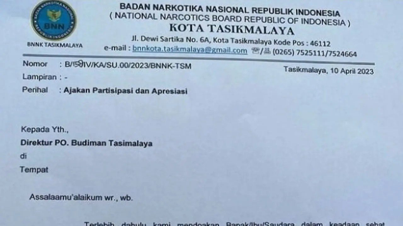 Surat yang diduga dari BNN Kota Tasikmalaya meminta THR kepada perusahaan otobus.