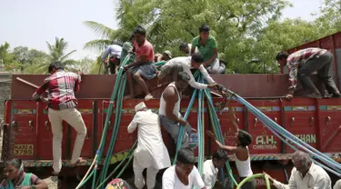 Warga mengambil air dari truk tangki bantuan dari pemerintahannya di Desa Masurdi, Latur, India (17/4). Sejumlah wilayah di India mengalami kesulitan air bersih karena kekeringan akibat kemarau panjang melanda negerinya. (REUTERS/Danish Siddiqui)