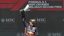 Pembalap Red Bull Racing, Max Verstappen, melakukan selebrasi setelah memenangkan balapan seri ke-12 Formula 1 GP Belgia 2023 di Sirkuit Spa-Francorchamps, Stavelot, Belgia, Minggu (30/7/2023). (AP Photo/Geert Vanden Wijngaert)