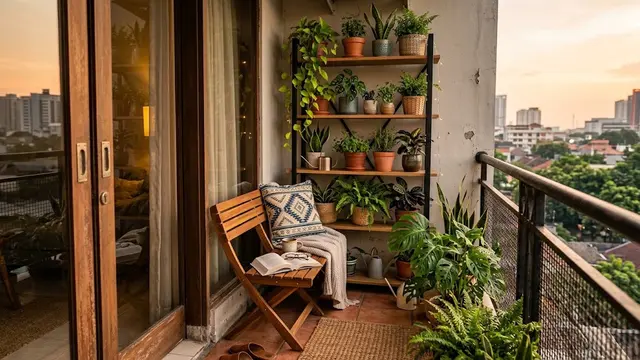 Desain Balkon Sempit dengan Rak Tanaman dan Bangku Lipat
