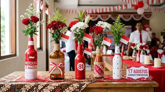 Vas Bunga Merah Putih dari Botol Kaca Bekas