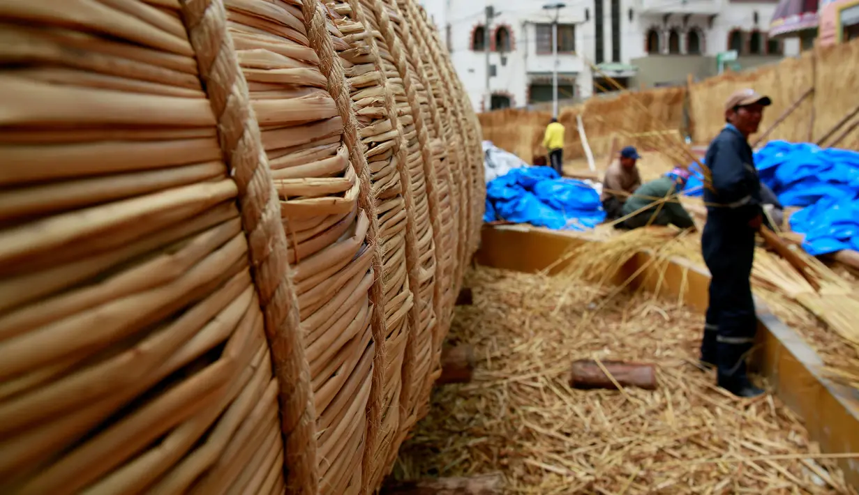 Bagian perahu 'Viracocha III' yang terbuat dari Totora sedang dalam proses penyelasaian di kota La Paz Bolivia, Rabu (19/10). Totora adalah sejenis Cattail asli atau alang-alang mengambang yang biasanya tumbuh di danau. (Reuters/David Mercado)